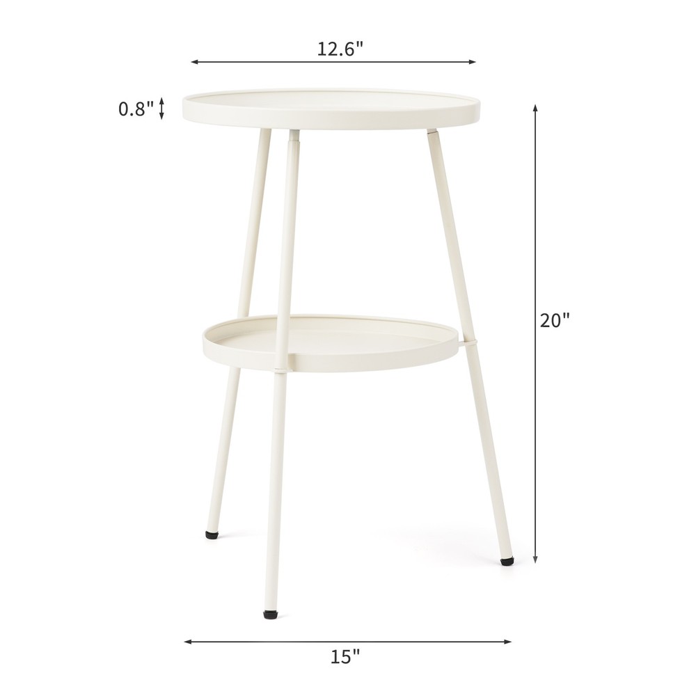 Patio Small Side Table, Round 2 Tier End Table, Metal Round Coffee Table, White
