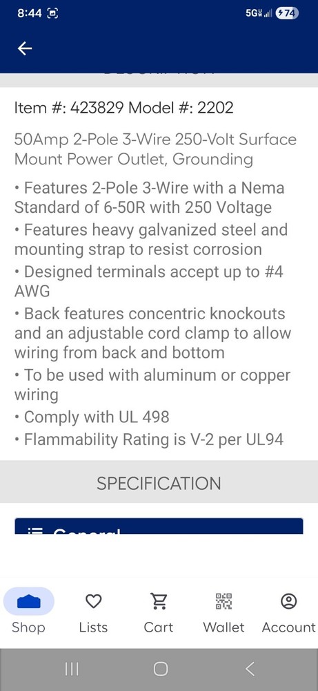 Utilitech 50 Amp Outlet Power