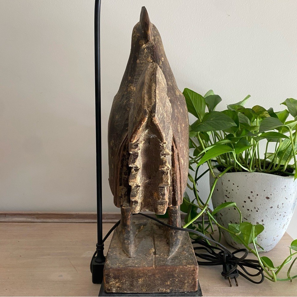 Rustic Handmade Wood Carved Rooster Lamp