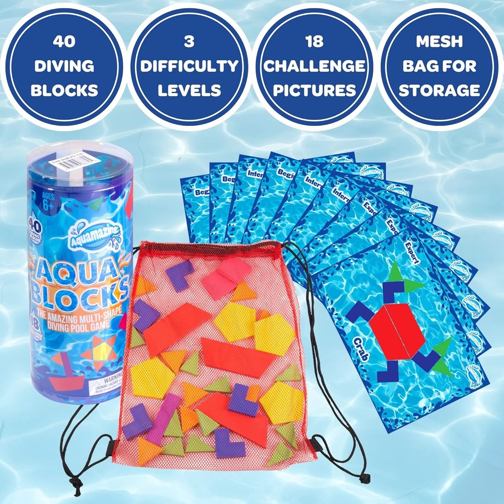 Aqua Blocks Pool Diving Game Set Includes 40 Multi Shape Sinking Toys, 18