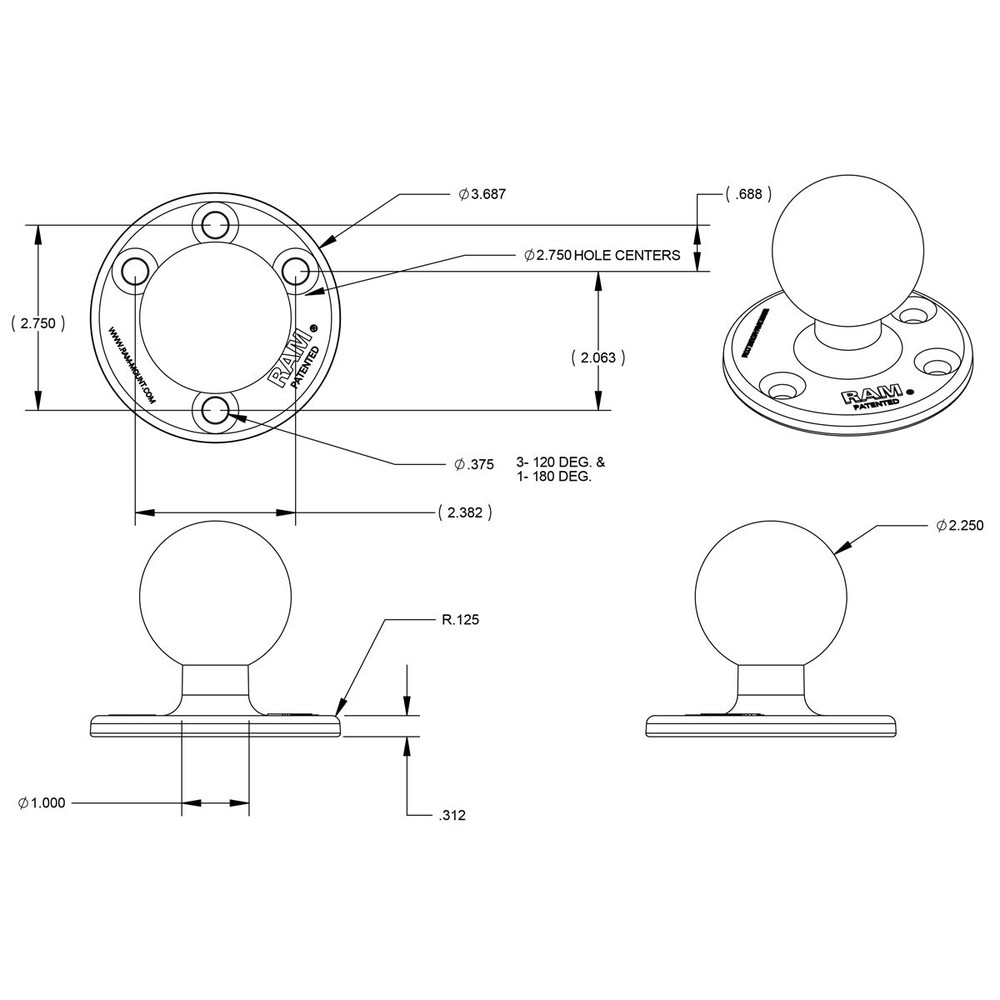 RAM-D-202U RAM Large Round Plate with Ball - D Size...