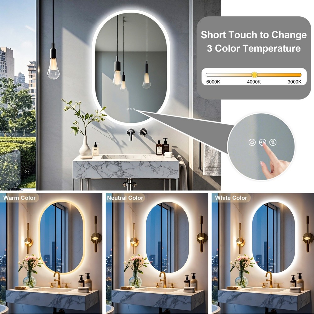 35'' Oval LED Bathroom Mirror w/ Touch Sensor Backlight Wall Vanity Mirror Defog