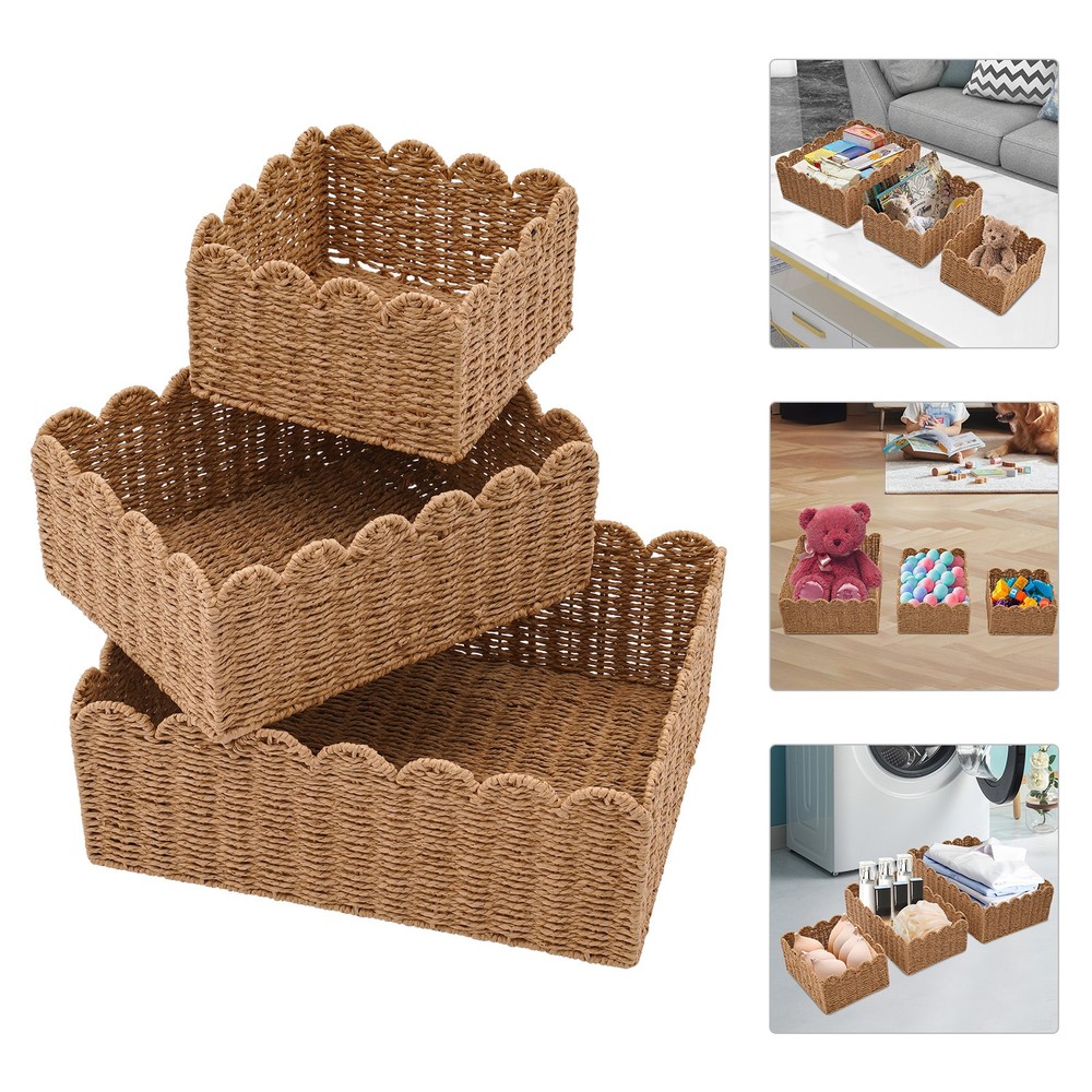 3-Piece Woven Storage Baskets Set Brown Rectangular Baskets for Desktop Organize