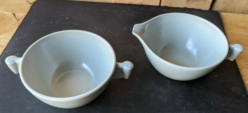 SPAULDING DINNERWARE. MELMAC SUGER, CREAMER SET IN GREY. MISSING LID.