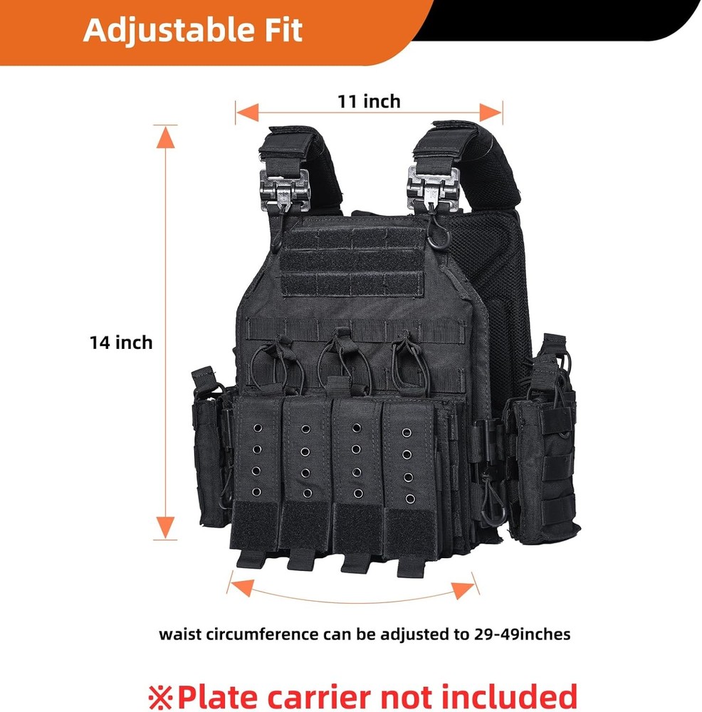 Tactical Plate Carrier Vest Quick Release 1000D Nylon with 3D Mesh Lining