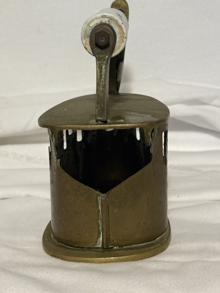 Antique Solid Brass Coal Iron Pottery Handle Dutch Delft White And Blue Handle