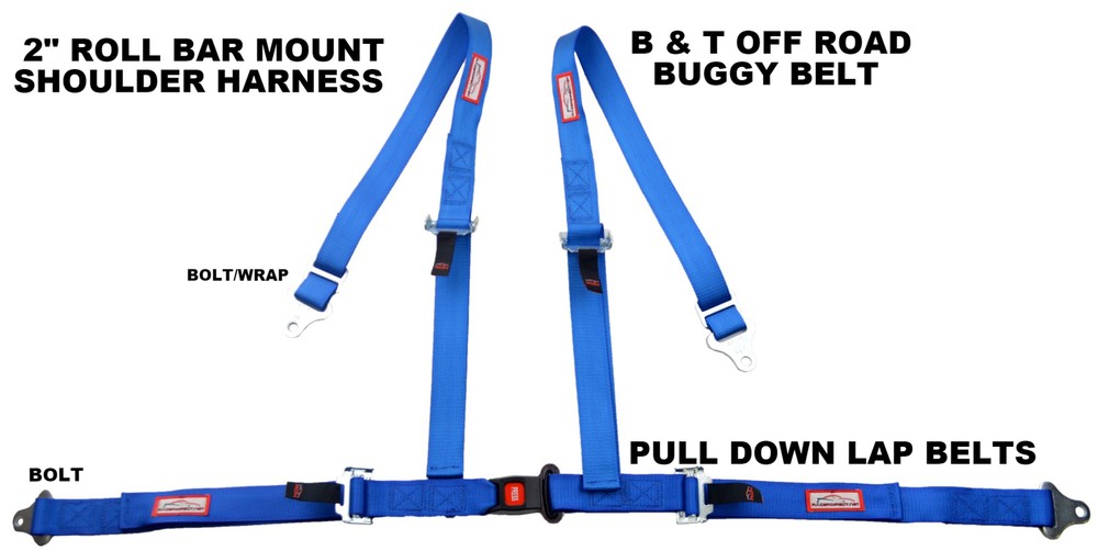 BLUE 4 POINT SEAT BELT HARNESS PULL DOWN LAP BELTS ROLL BAR MOUNT PUSH BUTTON