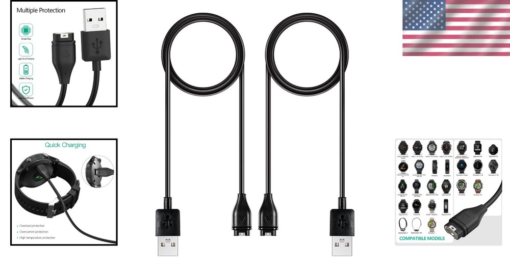 Durable Garmin Watch Charger Cable 2-Pack - High-Speed USB Compatibility