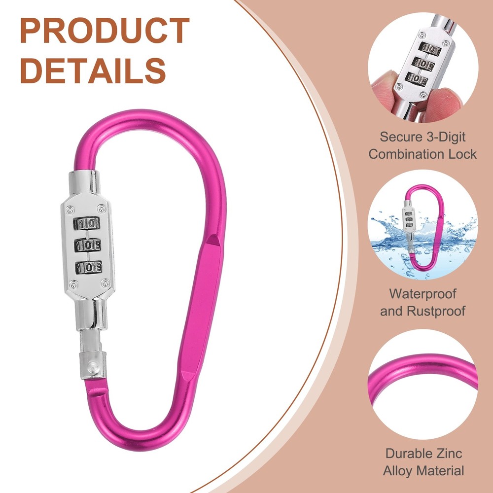 3.8" x 1.8" D-Shaped 3-Digit Code Combination Lock D-Ring Clip Locking, Pink