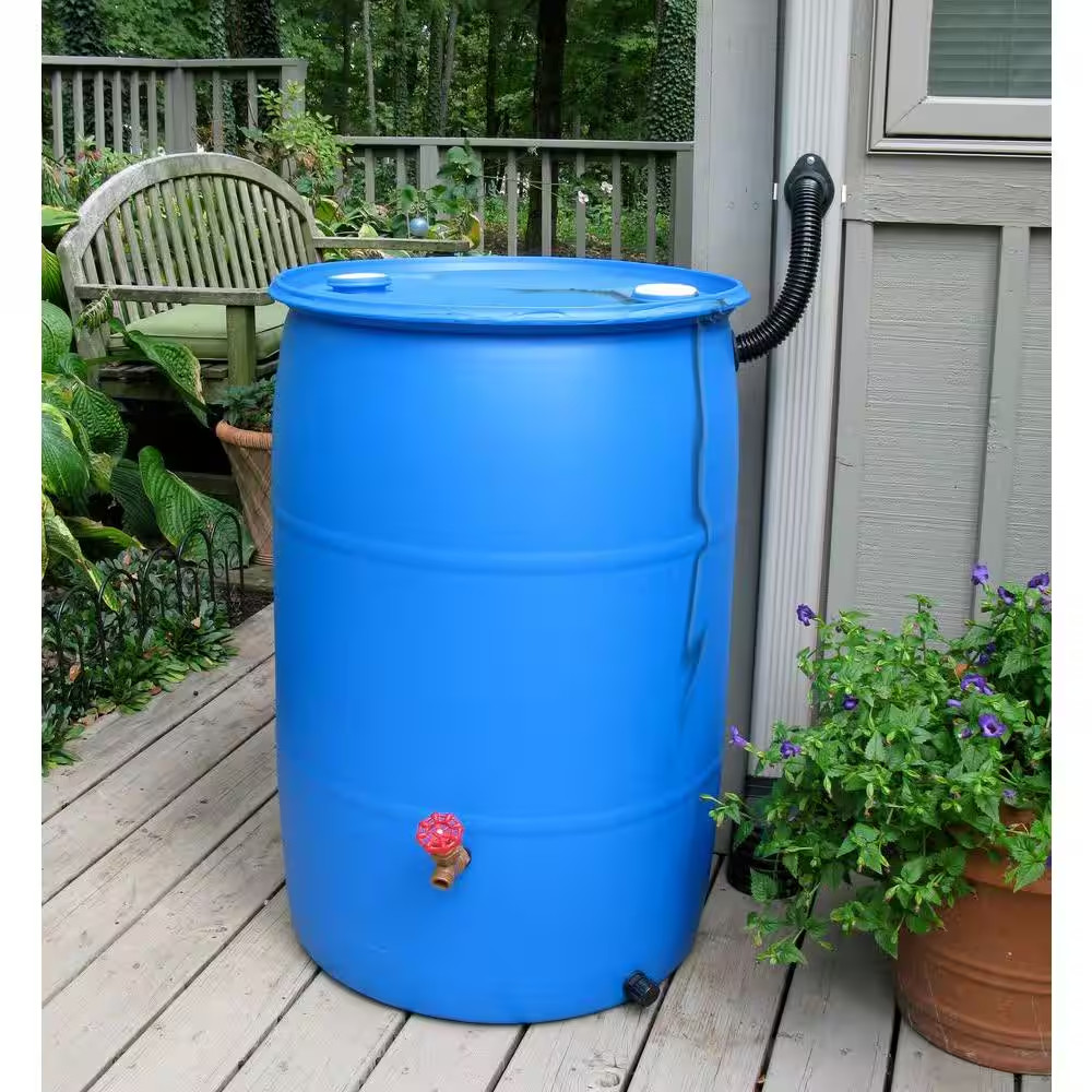 55 Gal. Blue Plastic Drum DIY Rain Barrel Bundle with Diverter System