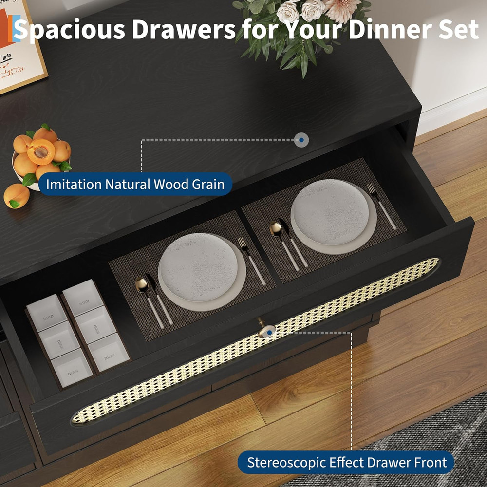 60'' Rattan Buffet Sideboard with 2 Drawers and Adjustable Shelves