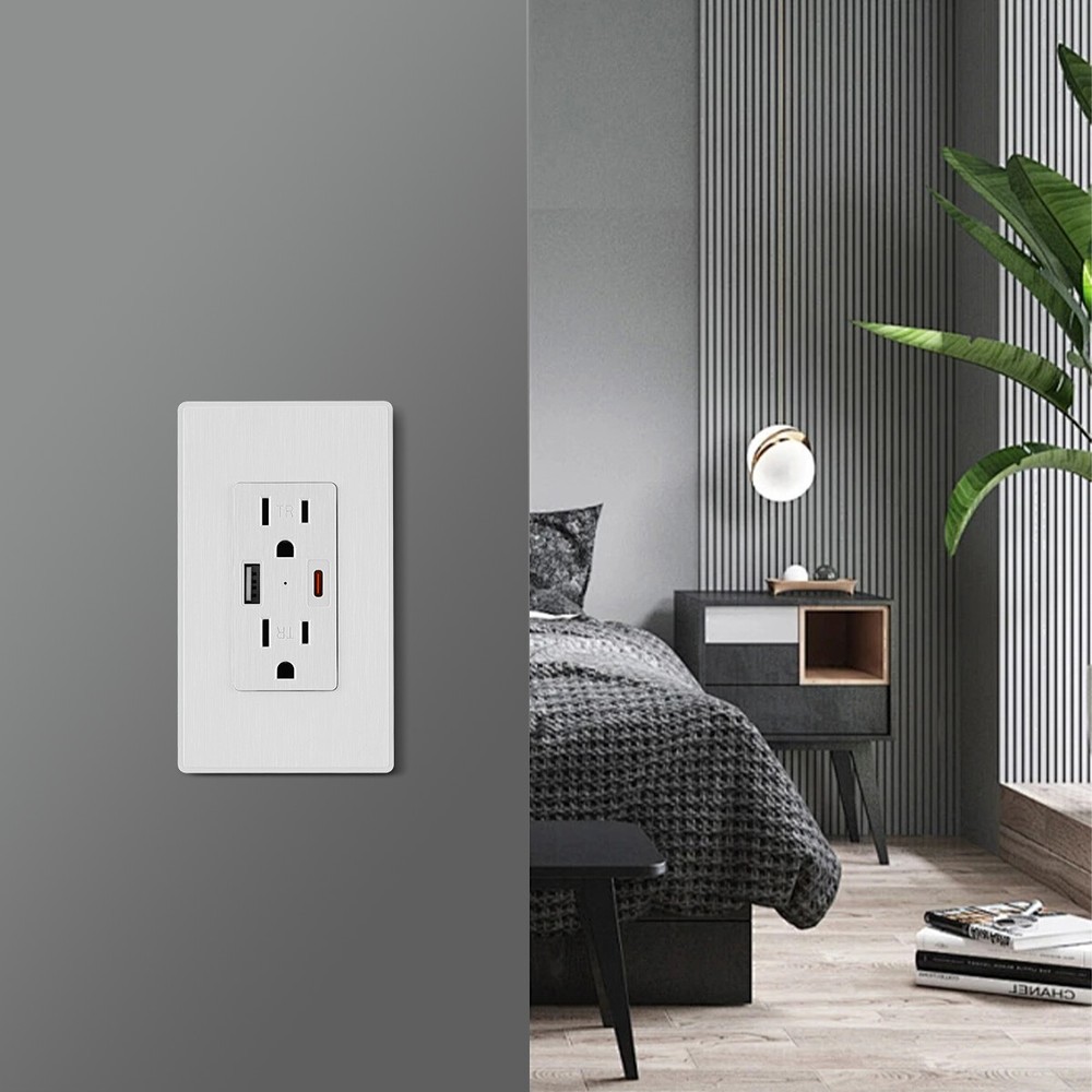 15A Electrical Outlet Panel Wall Socket AC Power Receptacle w/ Type C & A Ports