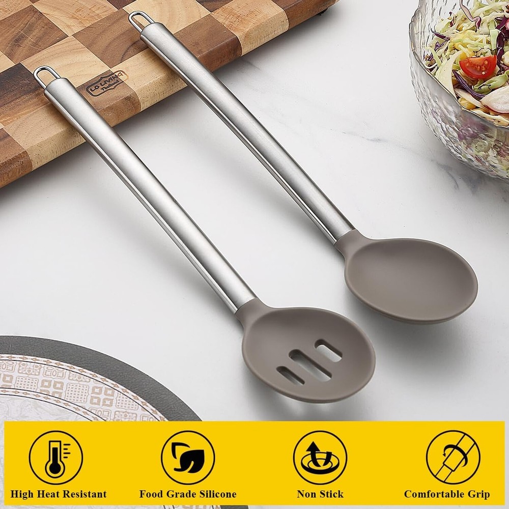 Silicone Cooking Spoon Set, ReaNea Solid Spoon, Slotted Spoon, Heat Resistant...