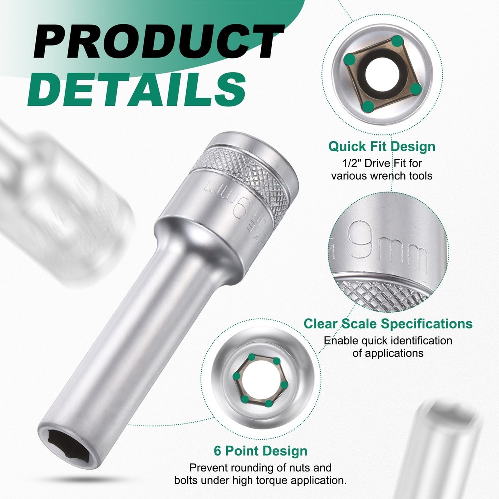 6 Points Deep Socket 1/2" Drive 9mm Nickel Plating Hex Socket 3.1" Long