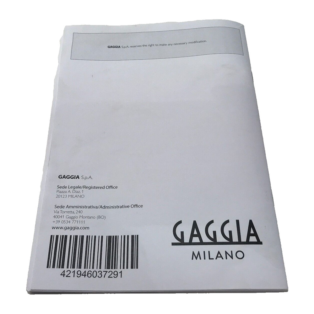 Gaggia Velasco Espresso Machine Users Manual Instructions Guide Booklet SUP047RG