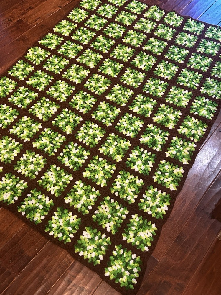 Granny Square Green And Brown Colored Handmade 64” X 45”