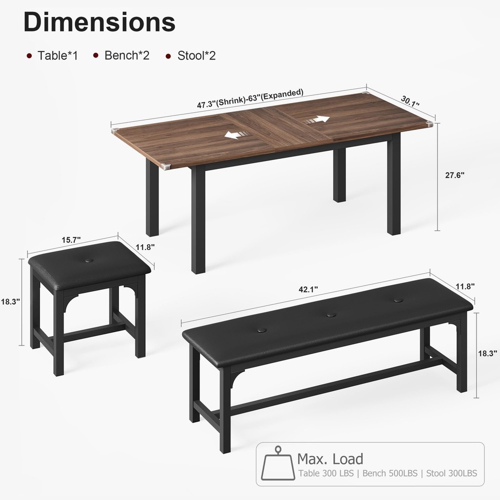 5 Piece Extendable Dining Table for 4-8, 47.3"-63" Rectangular Wood Kitchen T...