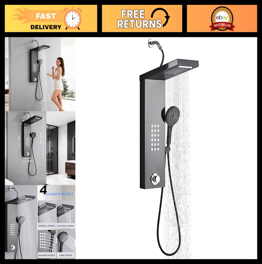 Rain Shower Panel Tower System with Handheld High Pressure Massage Head - Black