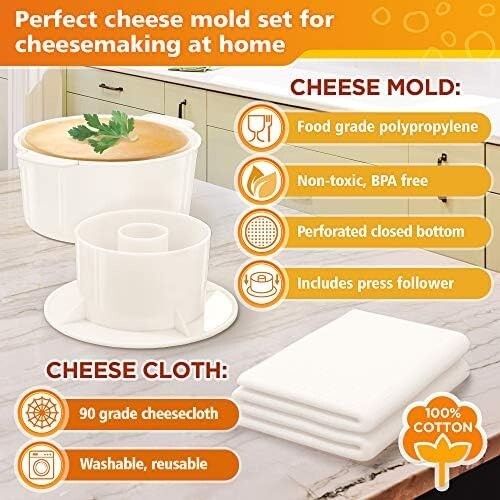 Versatile Cheese Making Kit: Includes Mold, Follower & Reusable Cheesecloth