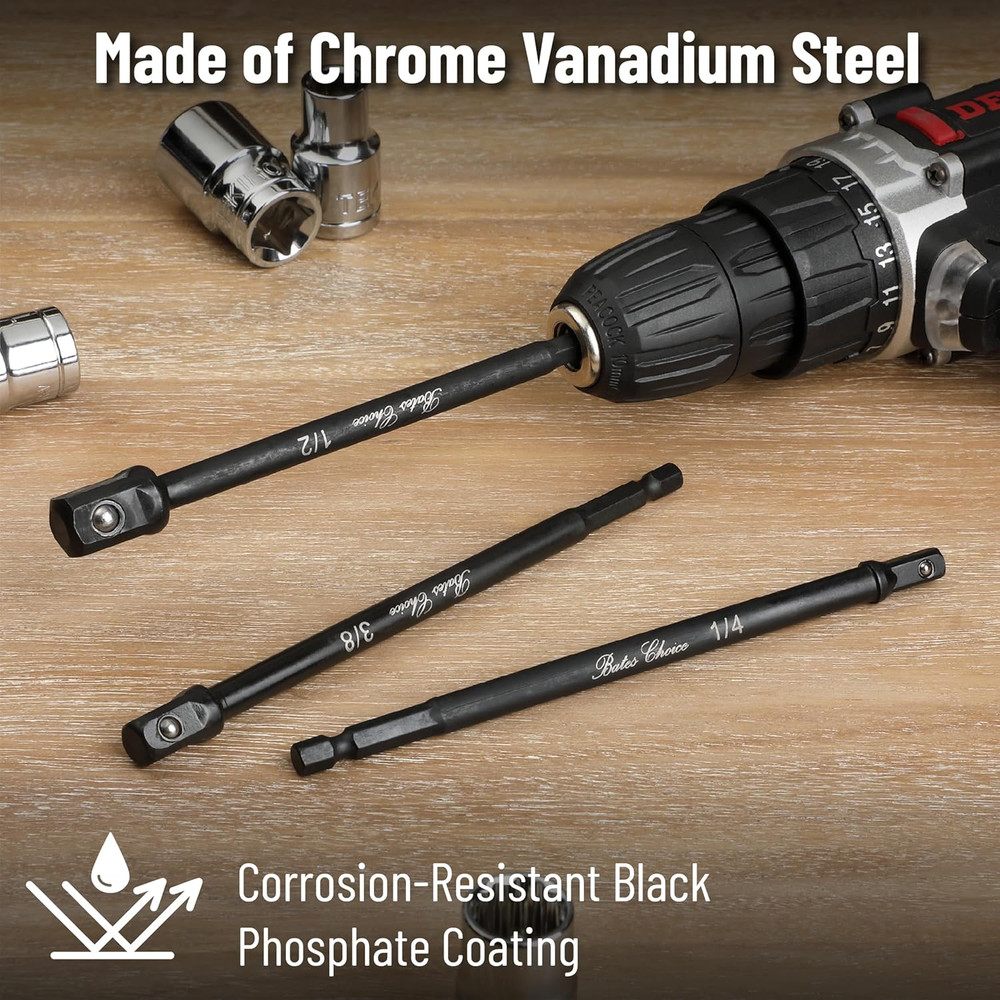 3Pcs Impact Socket Adapter Set 6" Drill Socket Adapter 1/4", 3/8",1/2" Hex Shank