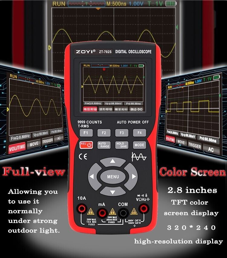 2 IN 1 Digital Oscilloscope Multimeter 9999 Counts 48M/S Waveform Data Storage