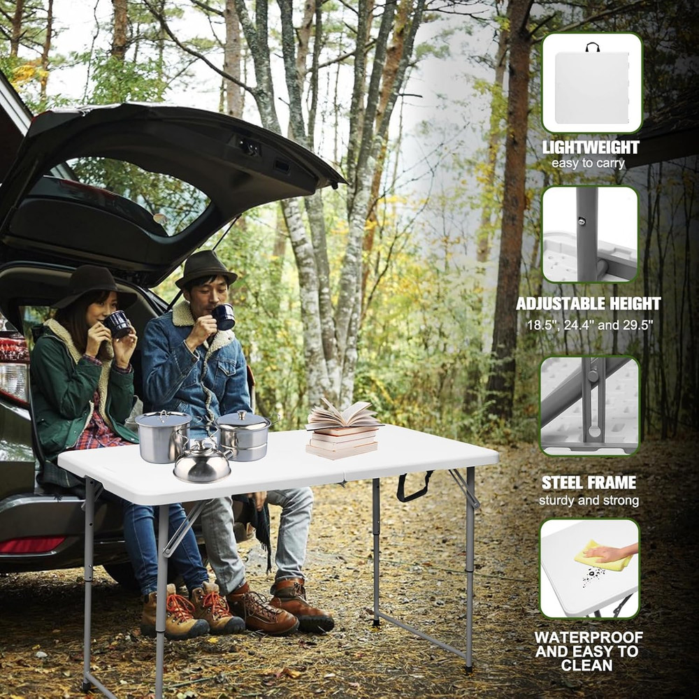 4Ft Folding Table Heavy Duty Plastic Fold in Half Adjustable Height Portable