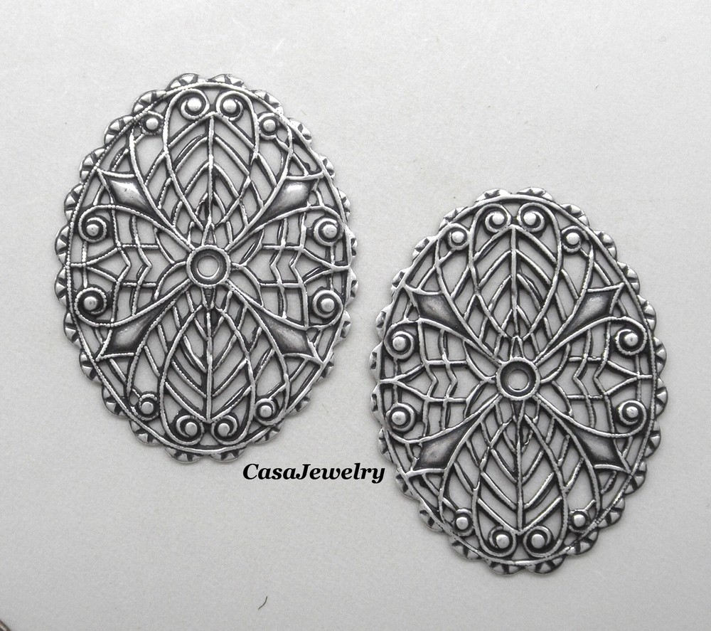 #5038 ANTIQUED STERLING SILVER PLATED OVAL OPEN FILIGREE COMPONENT - 2pc