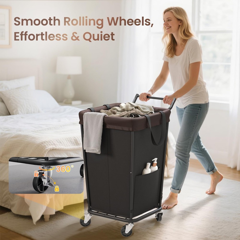 160L Laundry Hamper with Wheels and Handle, 160L, Black-2 Section Handle