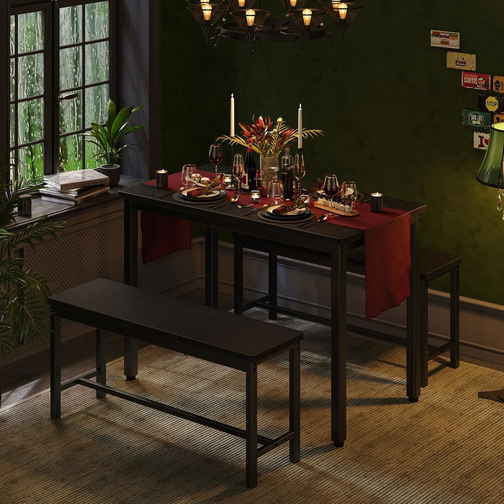 Tatub Dining Table Set for 4, 3-Piece Kitchen Table with 2 Benches, Space-Saving
