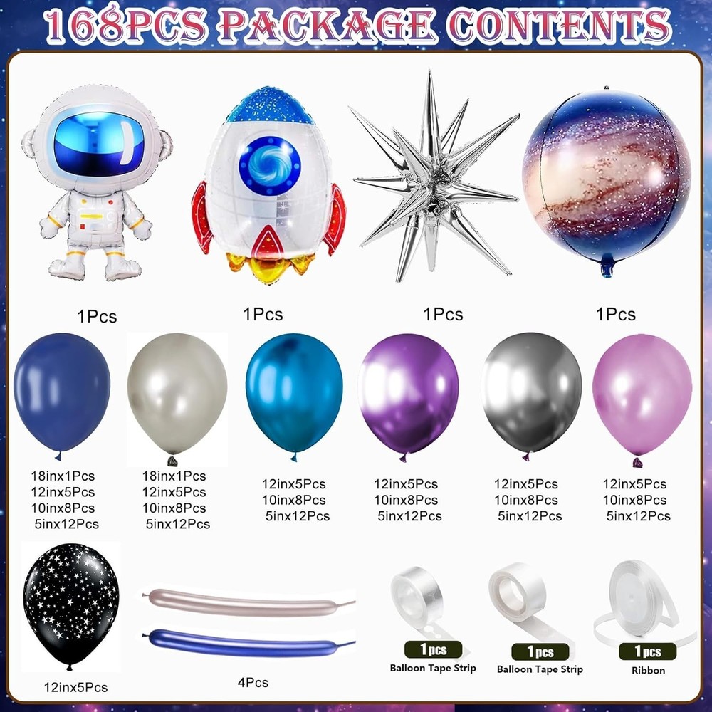 168PCS Space Themed Party Decorations Outer Galaxy Balloon Arch Kit with Blue...