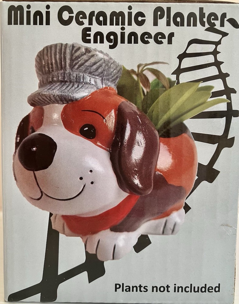CERAMIC PLANTER DOG TRAIN ENGINEER THEME NEW