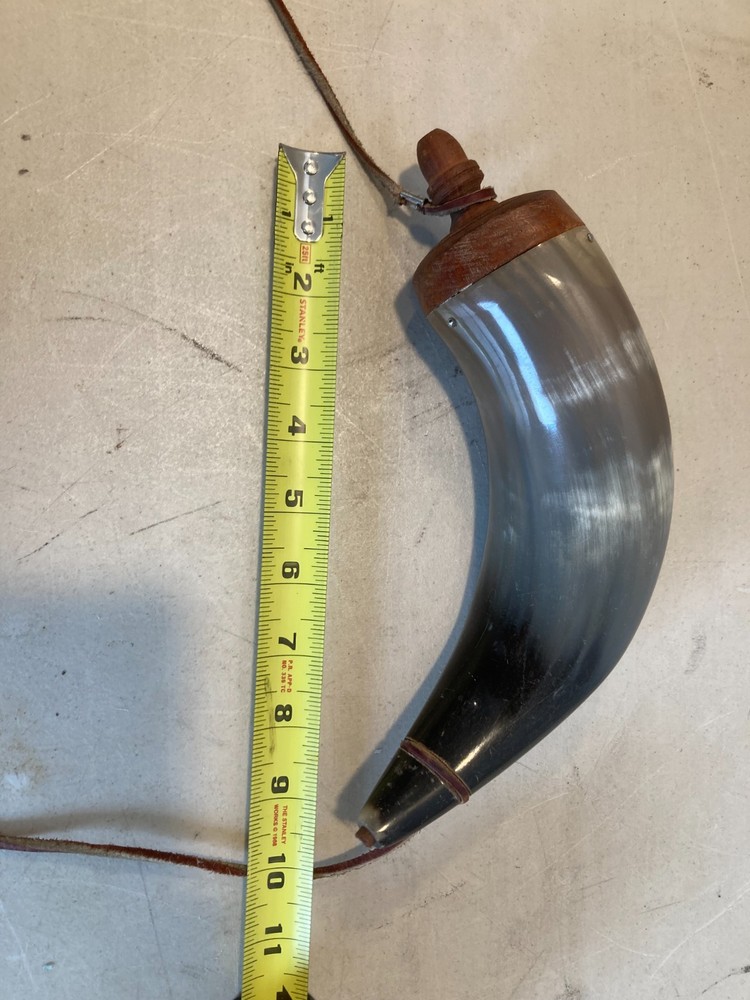 VINTAGE AUTHENTIC 12" BLACK POWDER HORN FUNCTIONAL LEATHER CORD STRAP