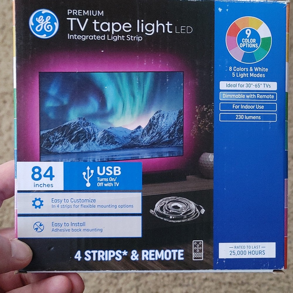 GE LED Light Strip 84" Multicolor Dimmable USB Remote Control 4 Strips for TV