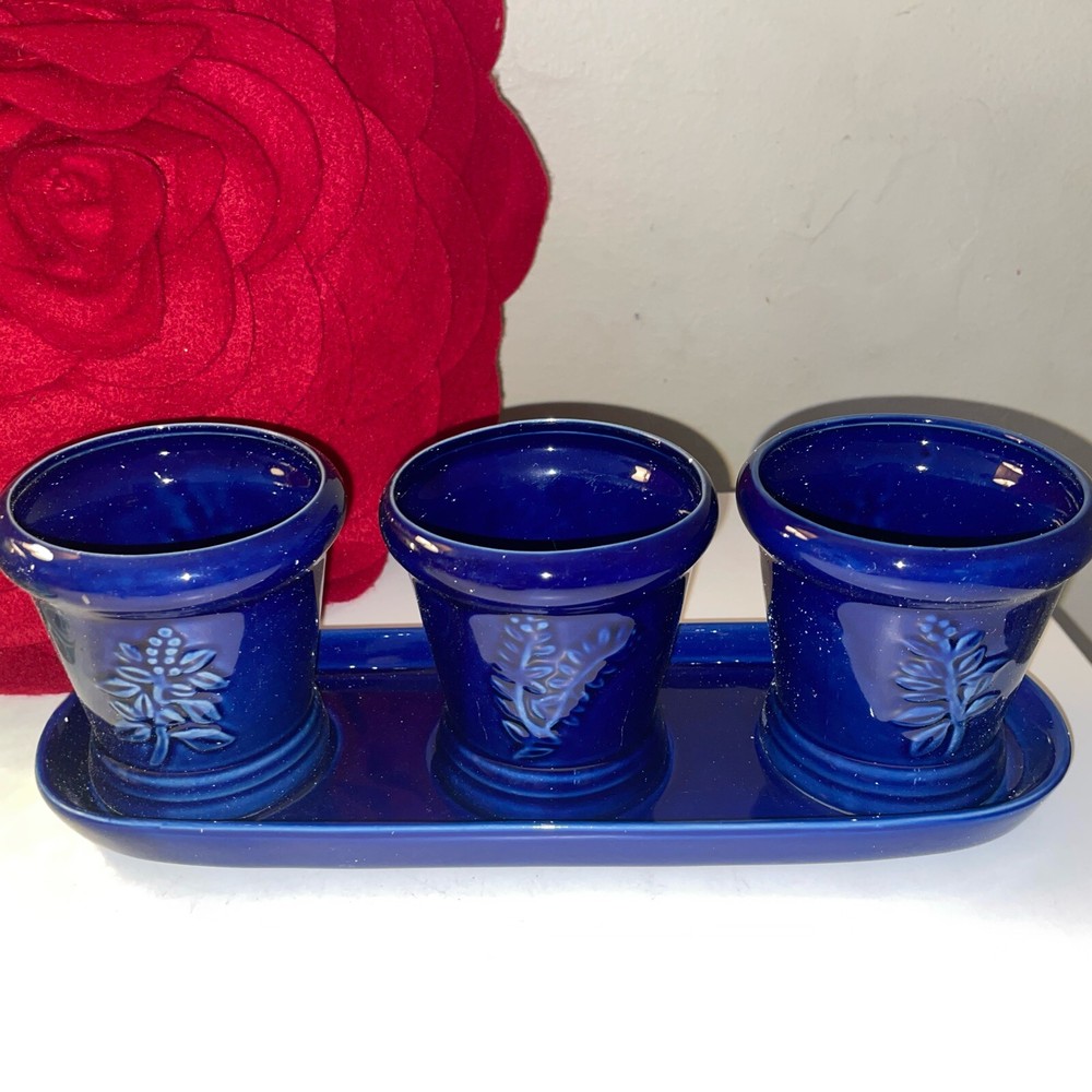 3 Cobalt Blue Succulent Ceramic Planters on Matching Base 3 3/4" Embossed