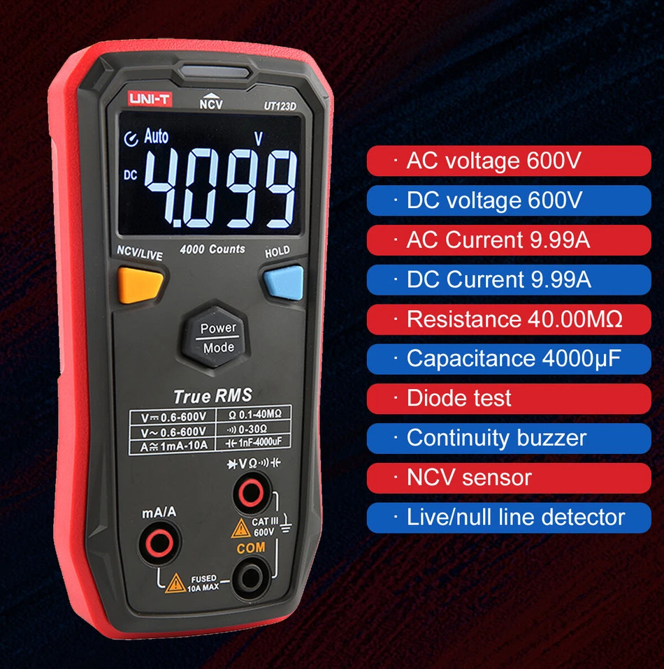 UNIT UT123D Smart TRMS Digital Multimeter AC/DC Volt Amp Live Wire NCV Tester