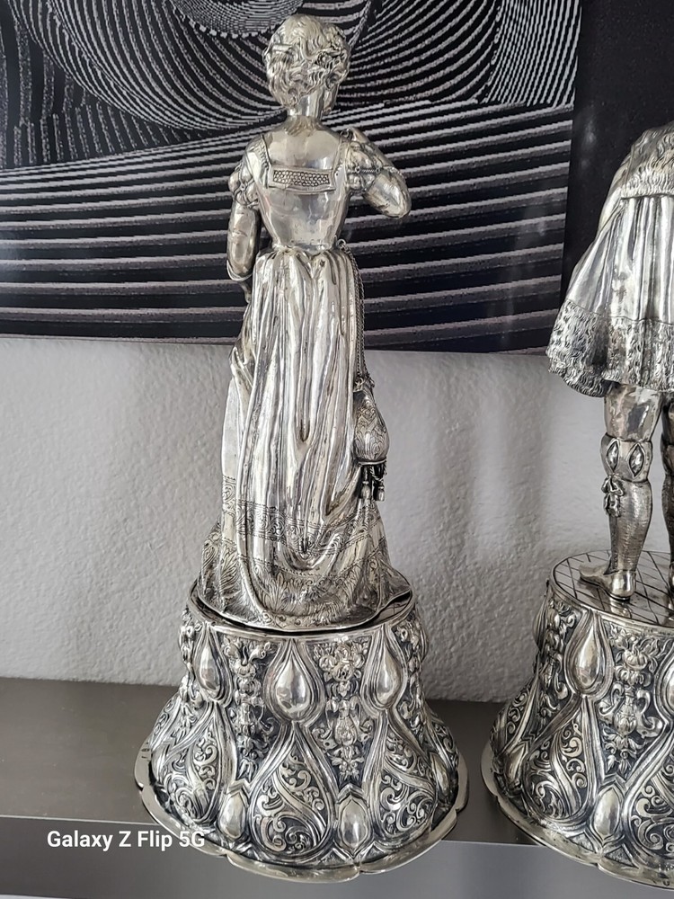 EXEPTIONAL PAIR EXTRA LARGE ANTIQUE HANAU GERMAN SILVER FIGURAL DECANTERS CA1880