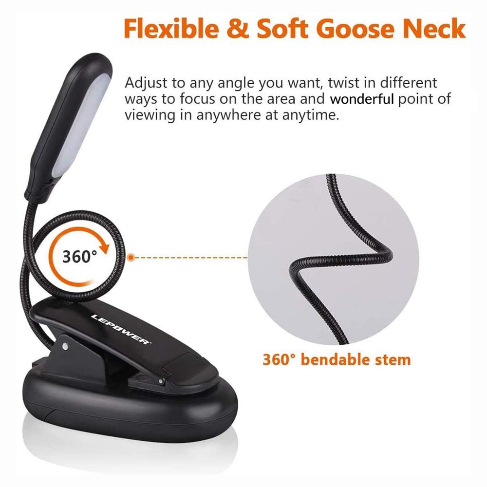 LED Clip On Book Light 5 LED 3 Modes USB Reading Lamp