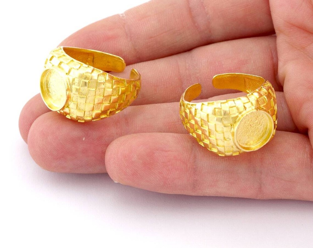 Square Checker Adjustable Ring Round Blank Bezel Setting Raw Brass 4918