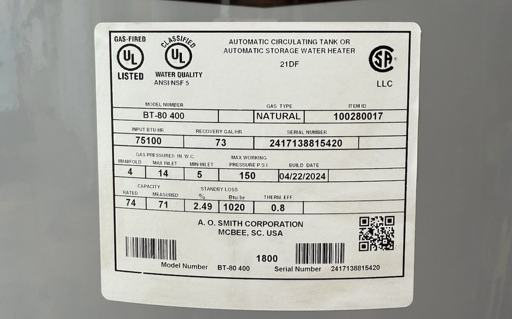 A.O. Smith 74 Gallon BT - 80 400 75,100 BTU commercial GAS HEATER- New open box