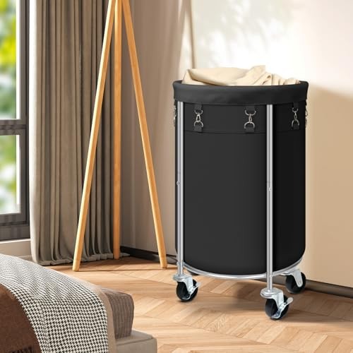 Laundry Hamper with Wheels, 100L Round Rolling Laundry Basket Sorter with Black