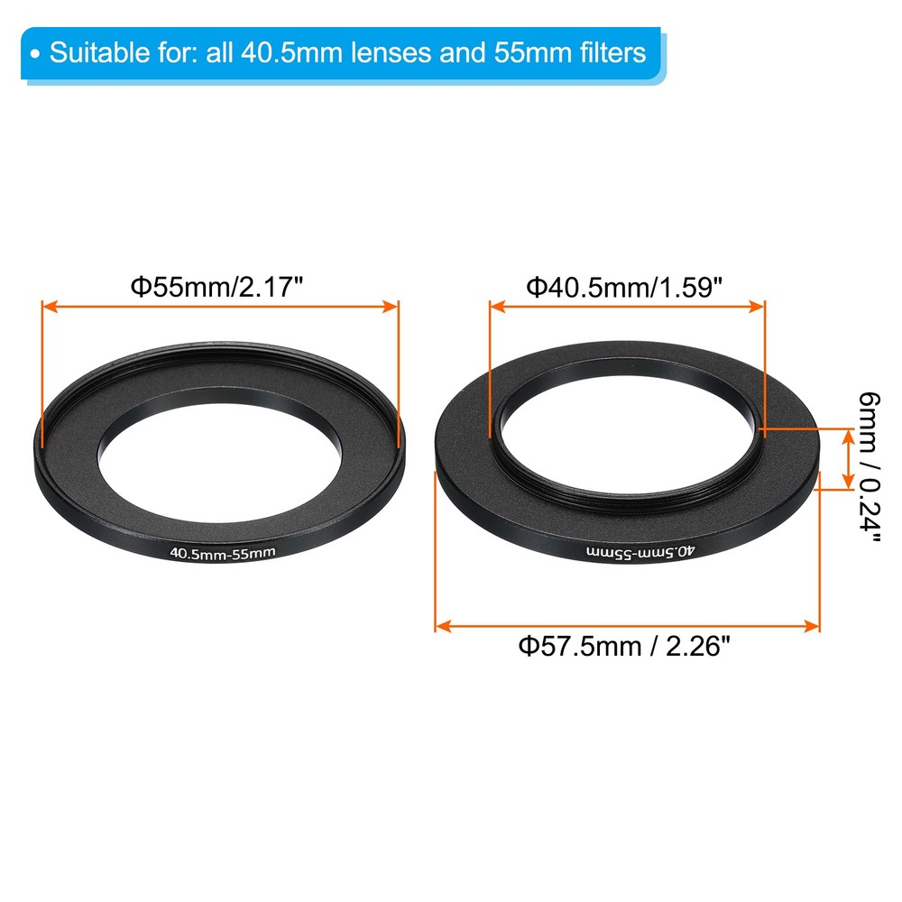 2Pack 40.5mm-55mm Metal Step Up Ring Camera Lens Filter Adapter Ring Black