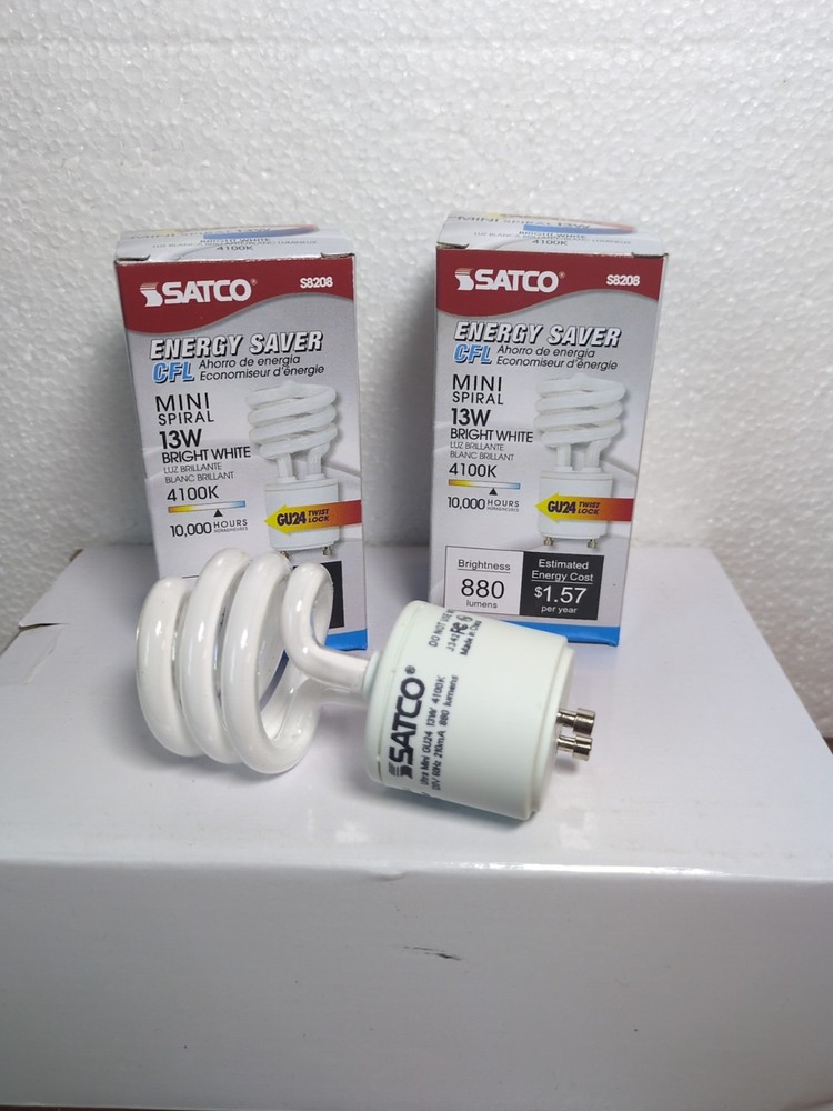 2 PACK SAT O S8208 Mini Spiral CFL  13W-60W Equal  4100K Cool WhiteGU24 Base