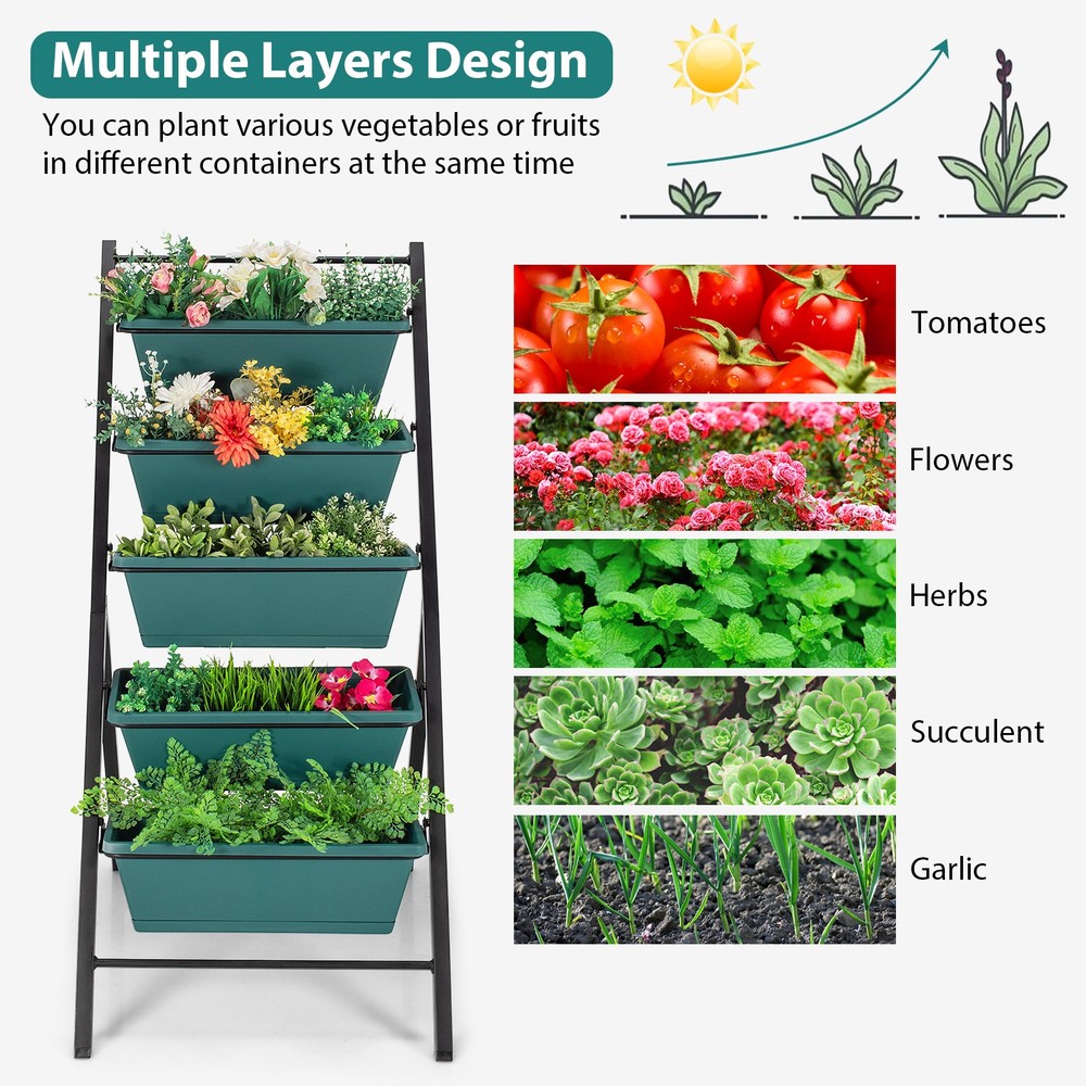 5-tier 2PCS Vertical Garden Planter Box Elevated Raised Bed w/5 Container Green