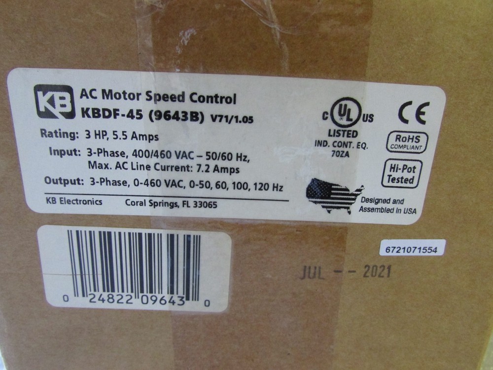 KB Electronics Speed Control KBDF-45 AC Drive-3 HP-460VAC Digital Variable Drive