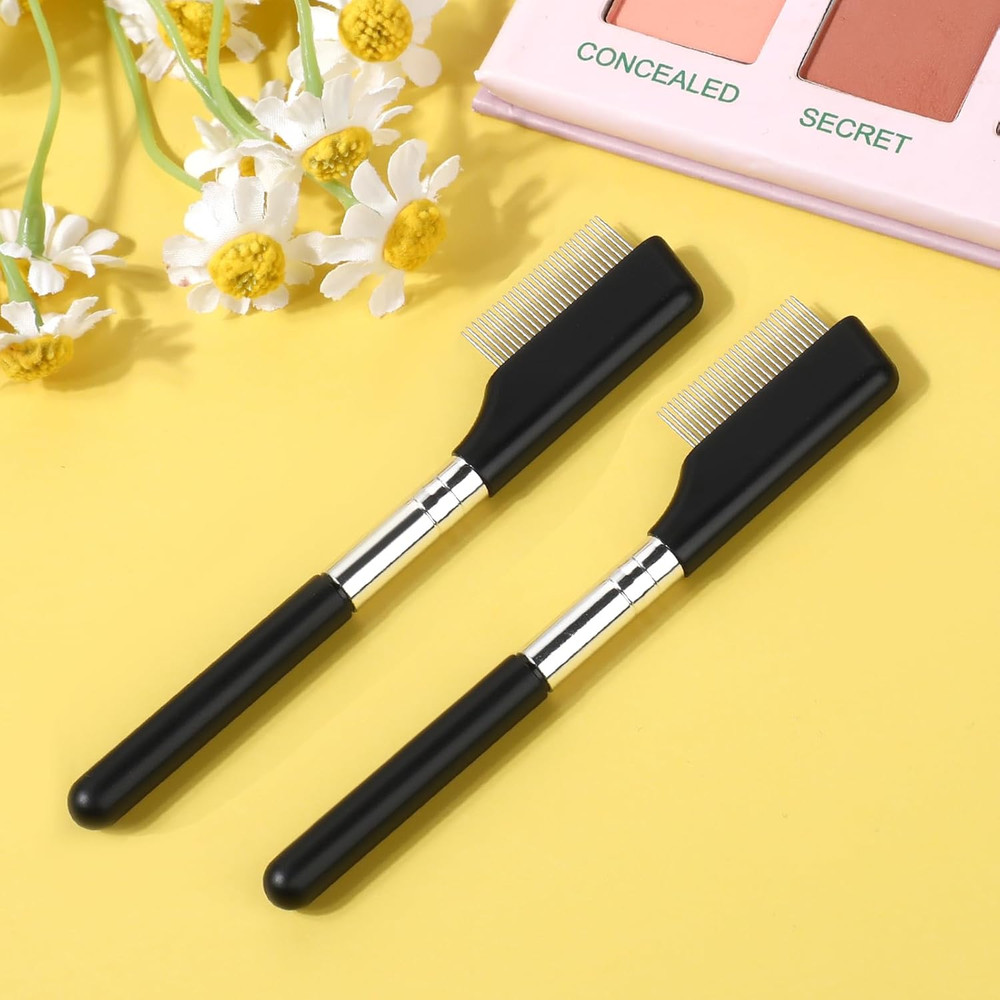 Metal Eyelash Comb and Eyebrow Brush Set - 2 Pack Short Handle Grooming Tools