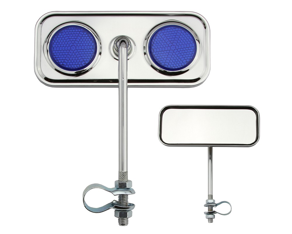 Bike Two Rectangle Mirror Chrome Blue Reflectors.