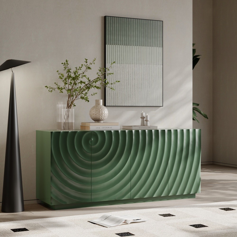 Sideboard with Four Doors Spiral Grain Finish Hidden Storage