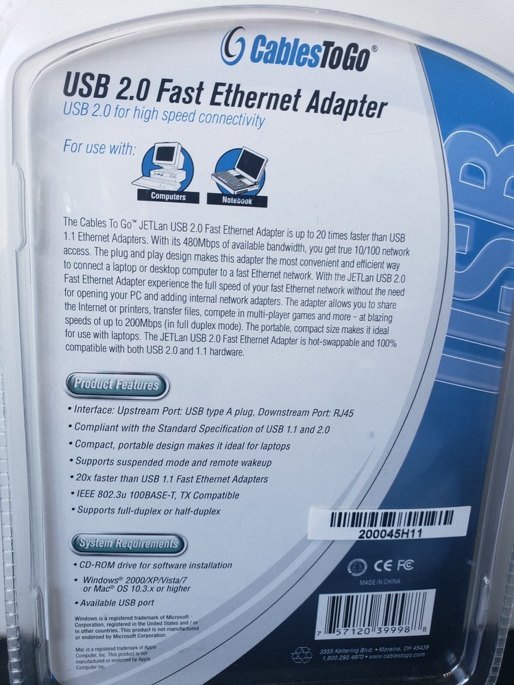 Cables To Go 39998 JETLAN USB 2.0 FAST ETHERNET ADAPTER