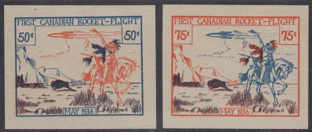 CANADA 1936 FIRST ROCKET MAIL FLIGHT TWO IMPERF STAMPS 50 & 75c BY KARL HENNING