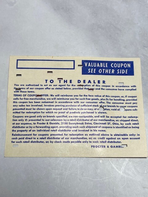 Procter & Gamble Grocery Store Coupons Key Punch Code Vintage 1960's